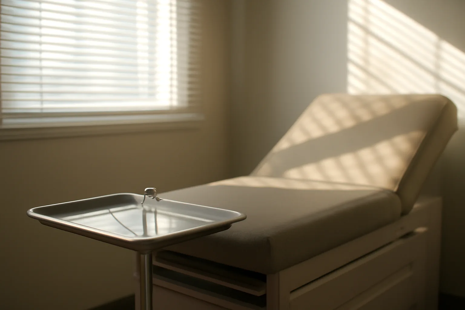 Clinical exam room setting representing a prescription pathway to obtain tesamorelin peptide