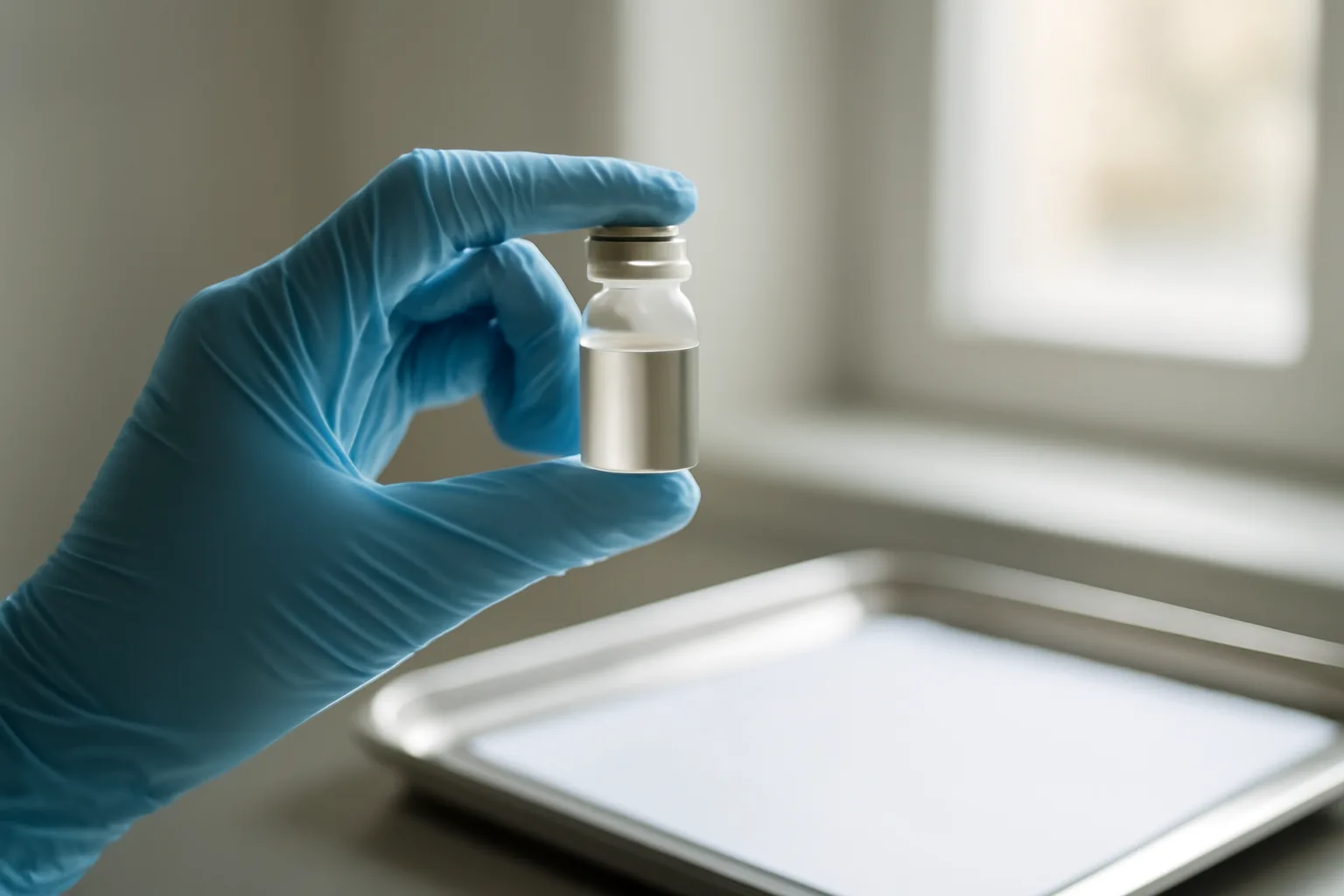 Gloved hand examining a glass vial beside a lab report to verify tesamorelin quality