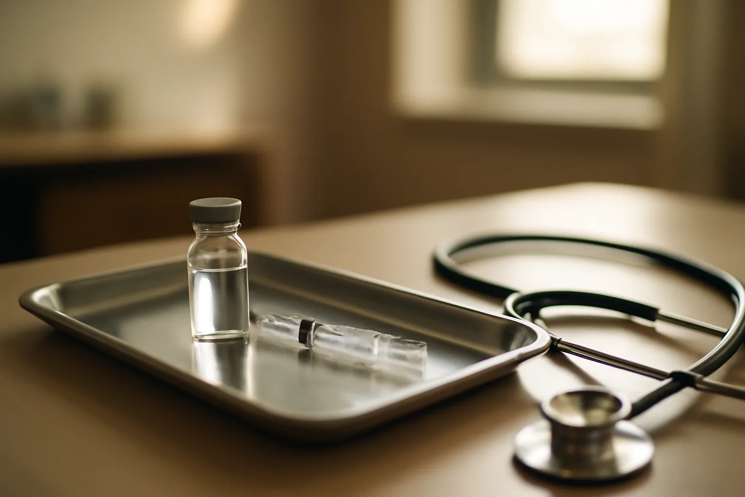 Vial and syringe on a clinical tray representing FDA-approved tesamorelin treatment