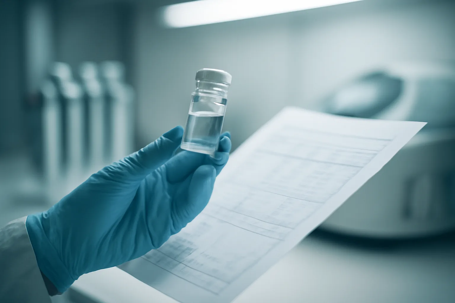 Gloved hand examining a vial and lab report in a clinical testing setting