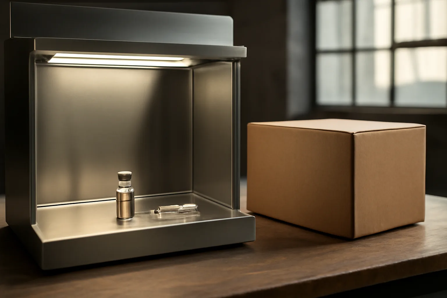 Pharmacy compounding equipment beside a plain shipping box, contrasting tesamorelin sourcing routes