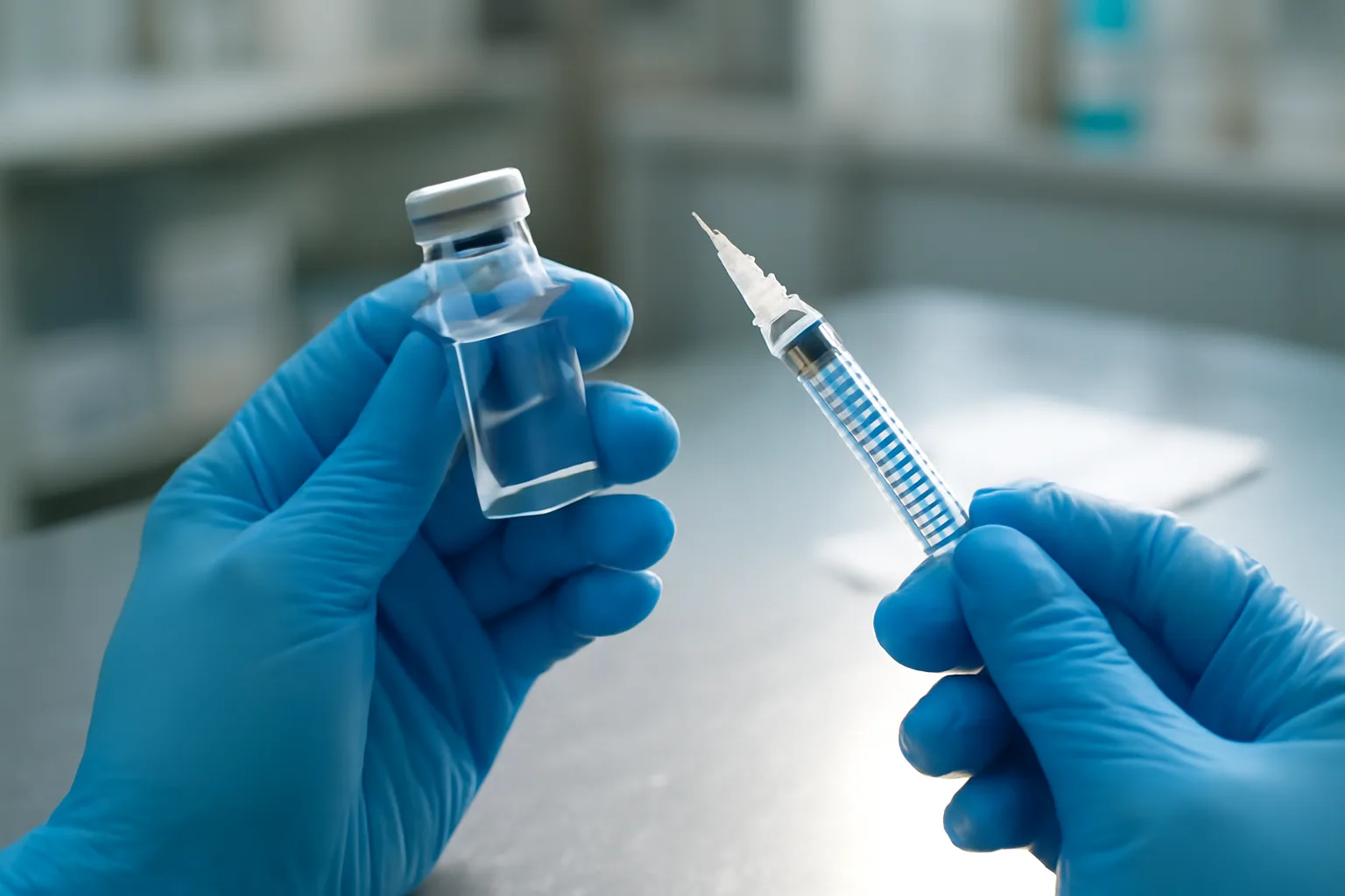 Pharmacist holding a tesamorelin vial and syringe on a clinical counter