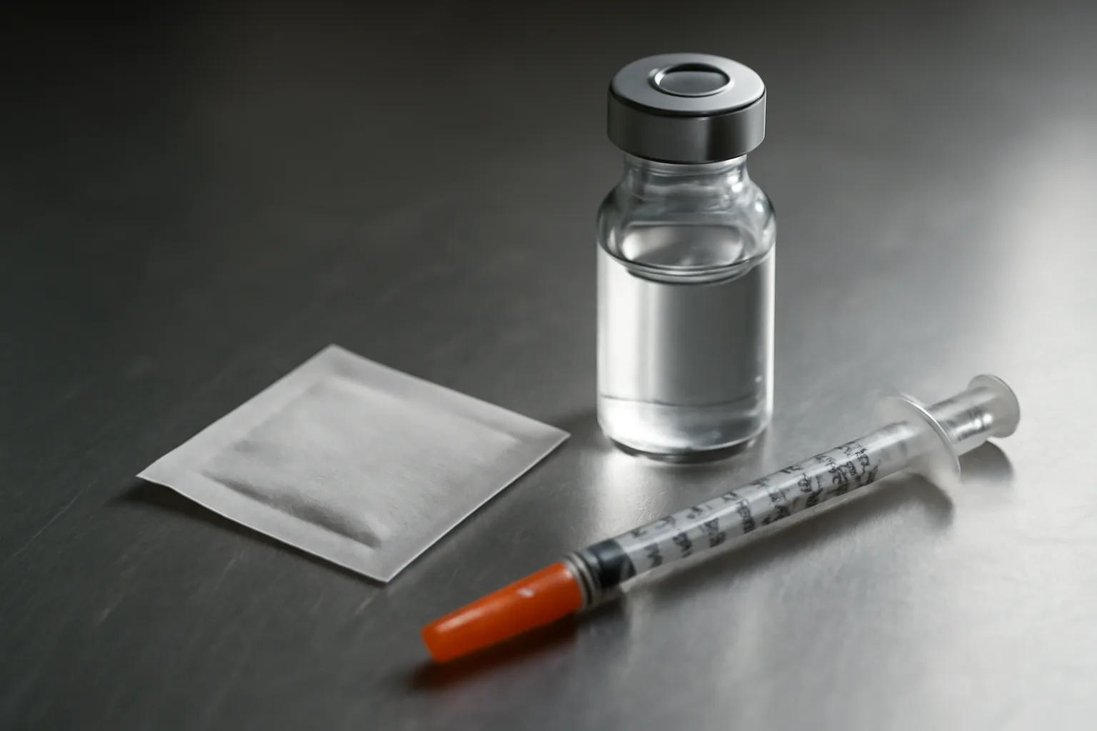Vial and syringe on a clinic counter representing tesamorelin cost considerations