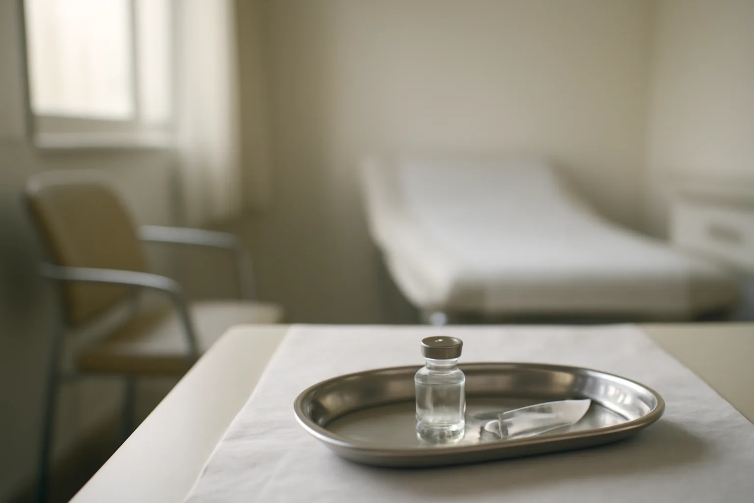 Clinical exam room table holding a vial and syringe for tesamorelin peptide treatment