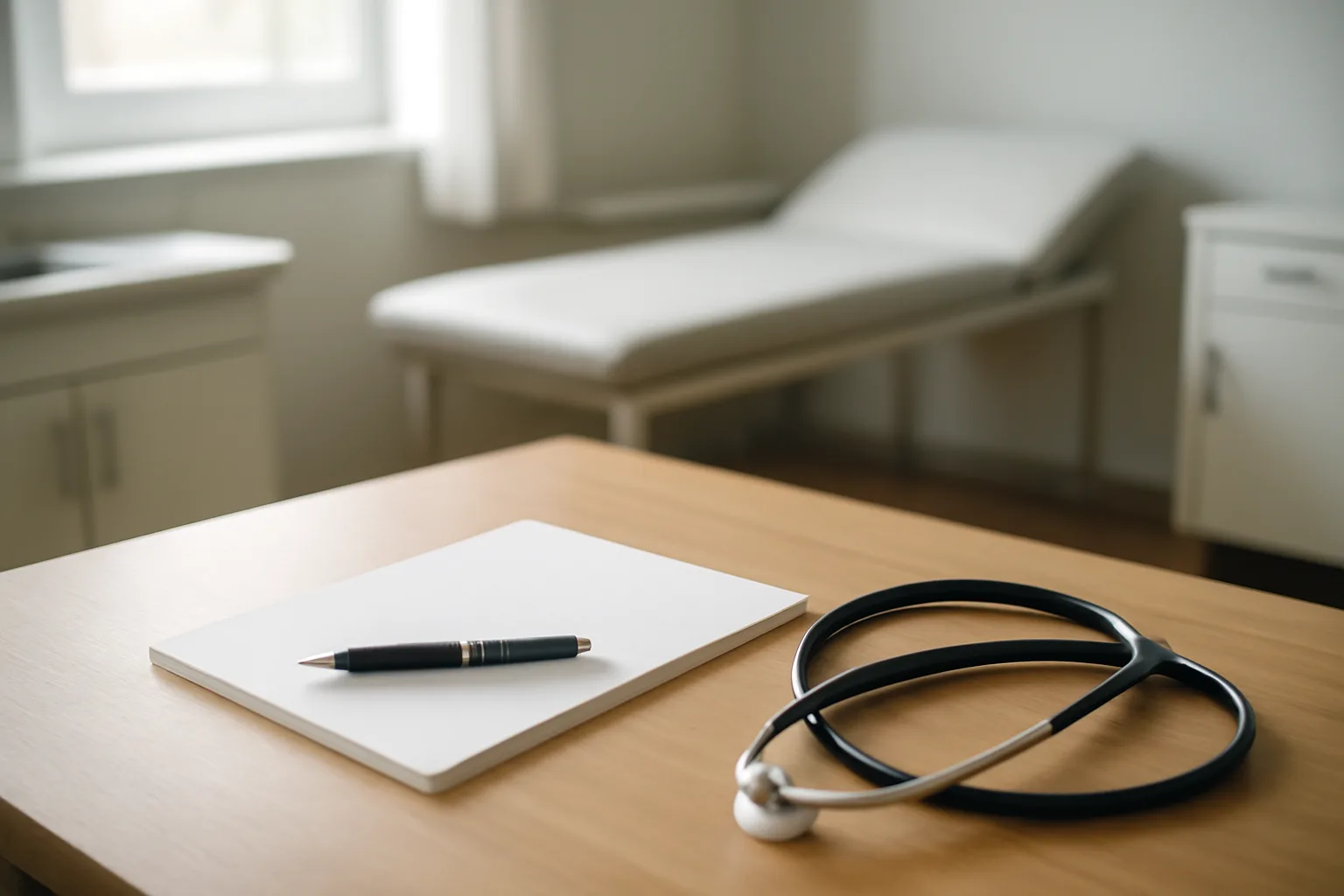 Prescription pad and stethoscope on a clinic desk in soft daylight
