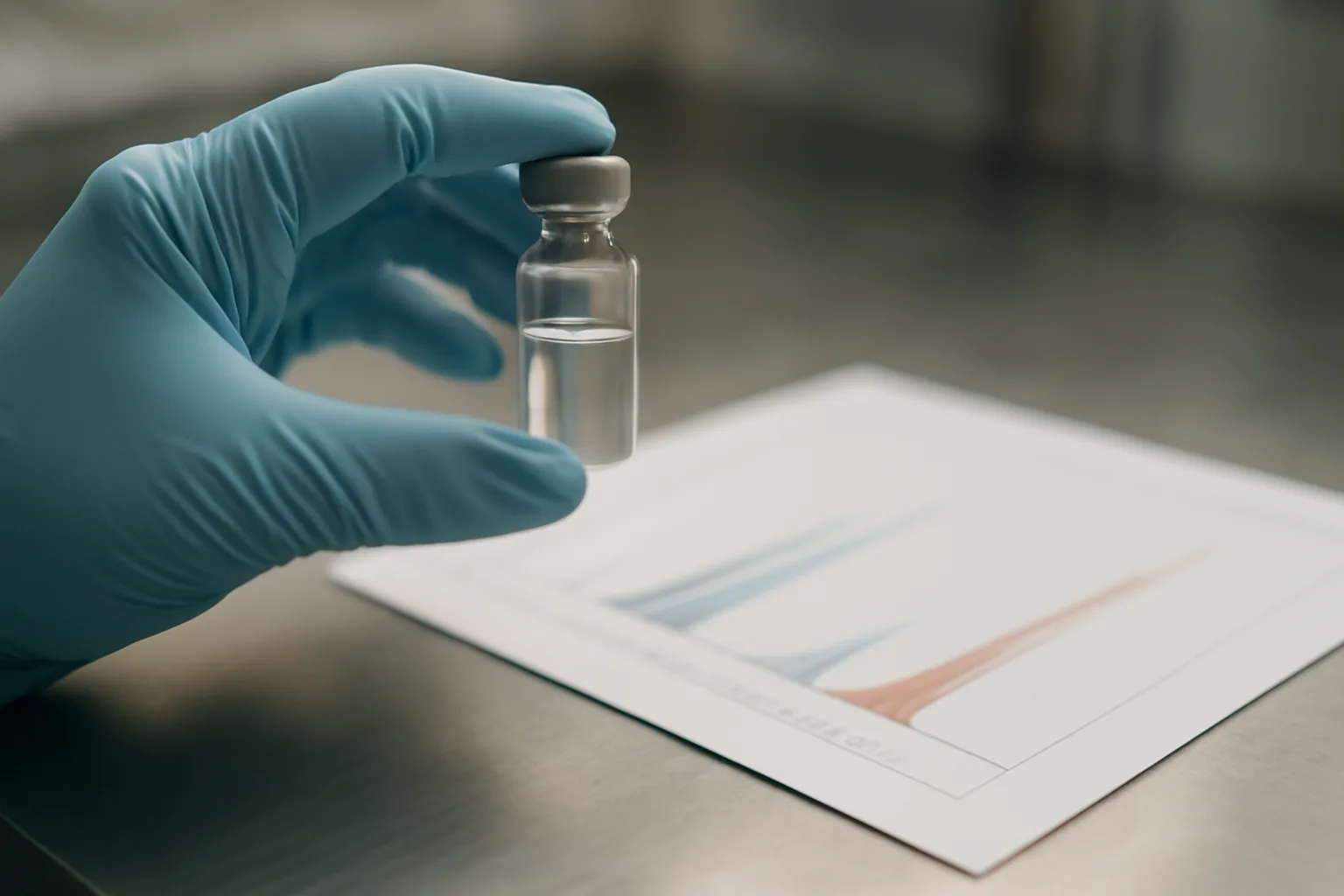 Gloved hand examining a glass peptide vial beside lab testing equipment