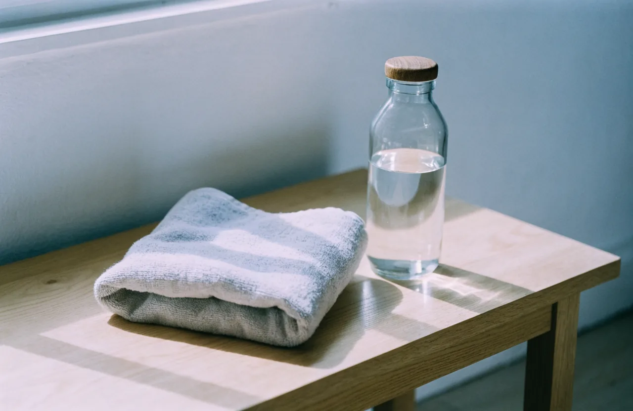 A folded pale gray towel and a glass water bottle with a wooden cap on a light wooden bench in cool morning light.