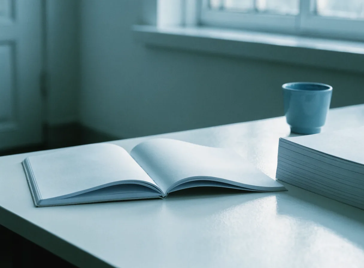 An open notebook with blank pages beside a stack of plain paper and a small slate blue ceramic cup on a pale desk.